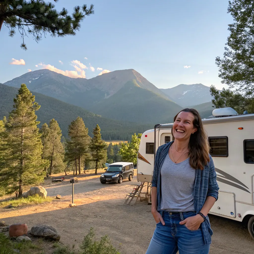 Amanda Suttle smiling outdoors at RV campsite with mountains in background