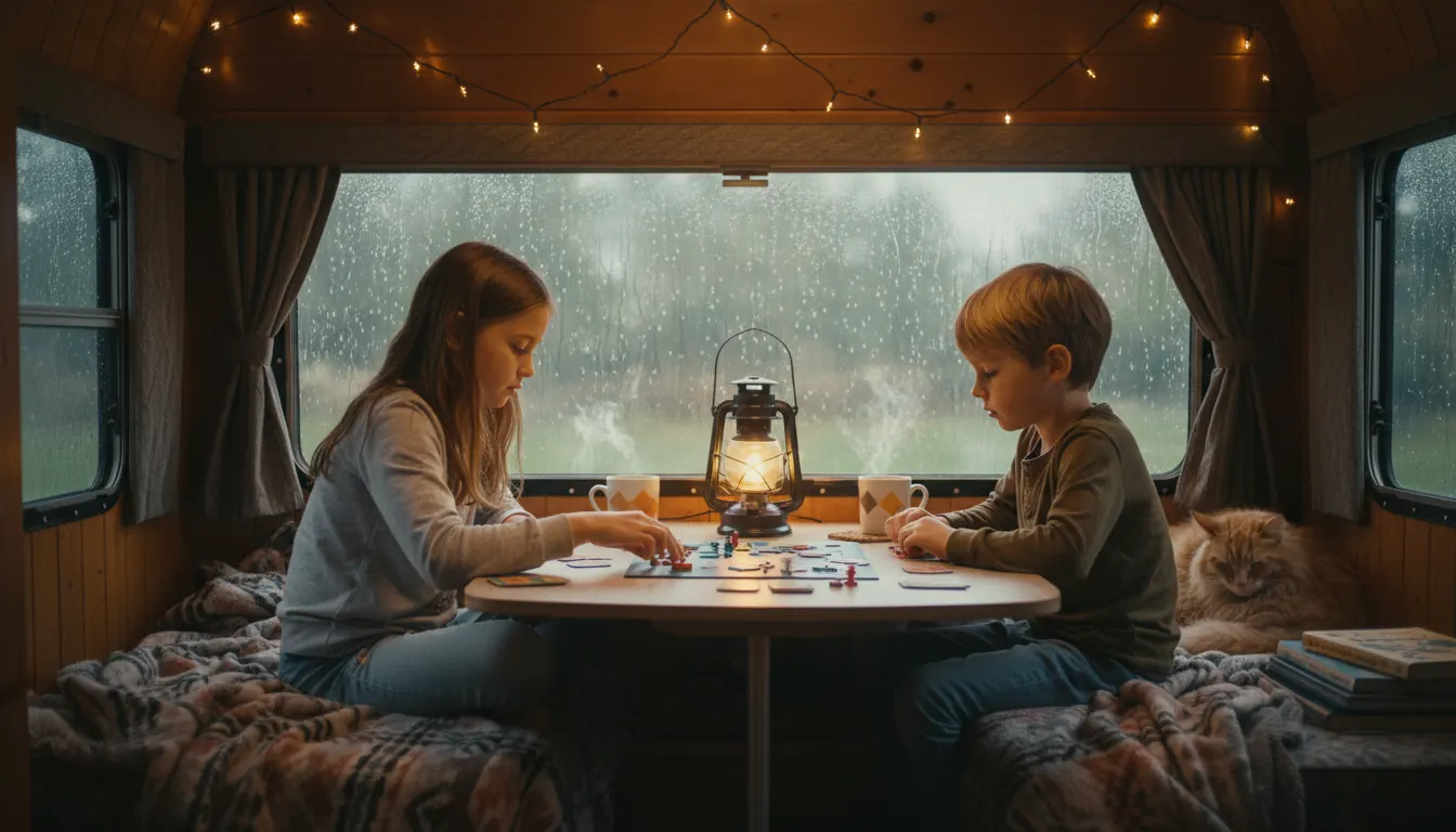Children playing board games inside cozy RV during rainy weather with warm lighting