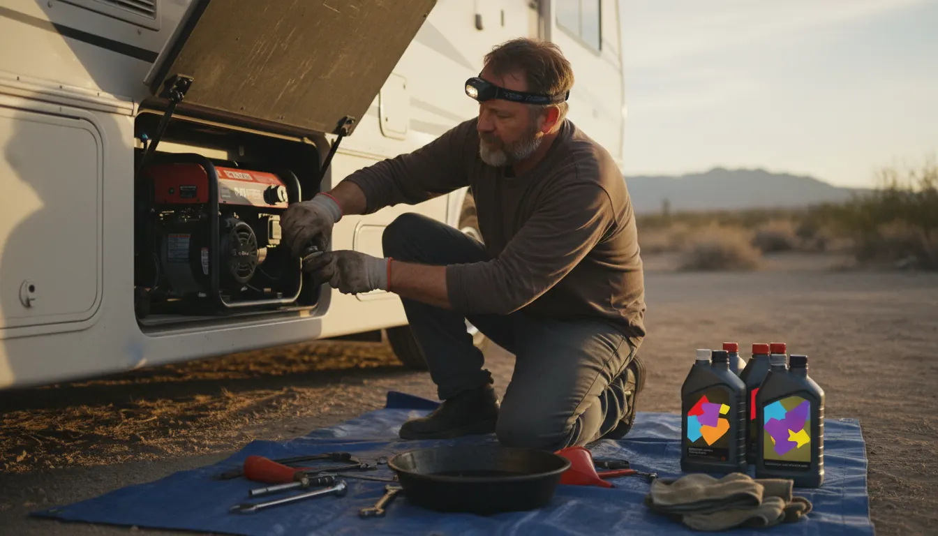 RV owner performing generator oil change with maintenance tools and supplies spread out