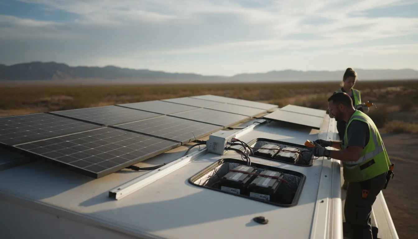 RV roof showing solar panel array installation with charge controller and battery system