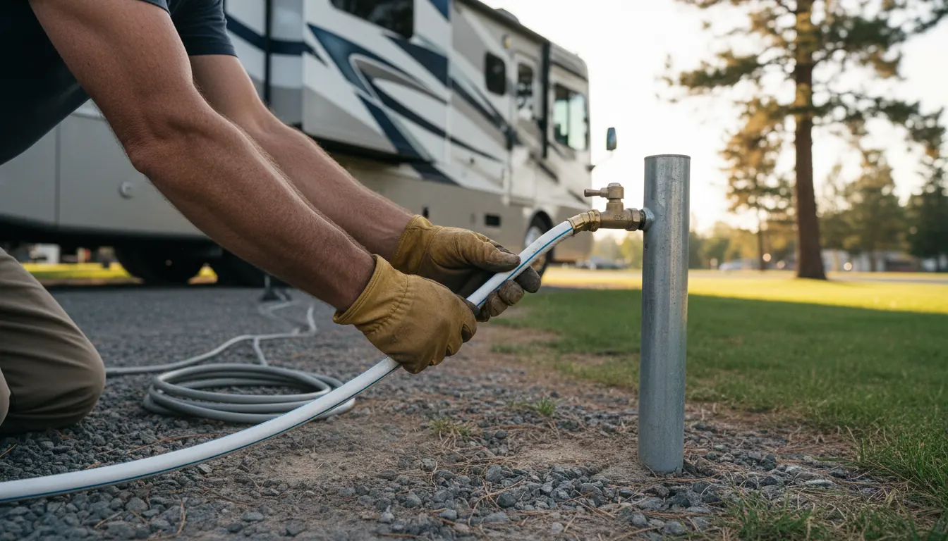 RV owner connecting fresh water hose to campground water supply hookup