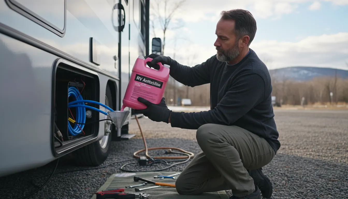 RV owner performing winterization maintenance with antifreeze and tools on water system
