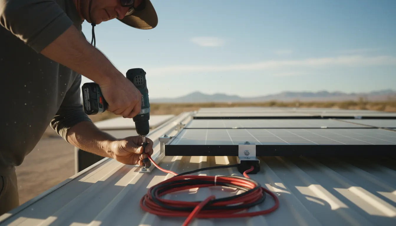 Person installing solar panels on RV roof with mounting brackets and wiring visible